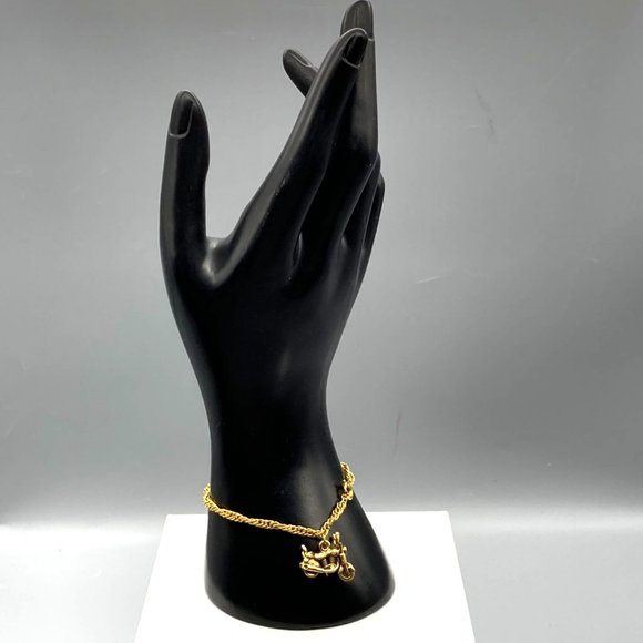 Vintage Chain Bracelet with Motorcycle Charm, Gold Tone Biker Babe - Picture 3 of 4